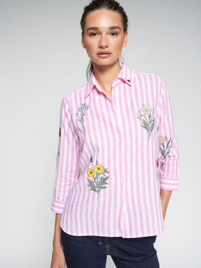 Sara Pink Stripe Linen Viscose Embroidered Shirt