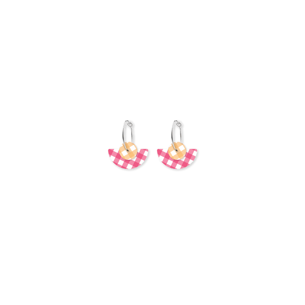 Fuchsia Gingham Small Moon Earrings