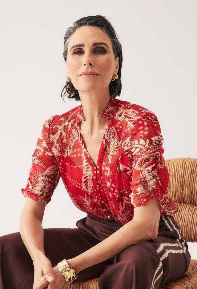 Lunette Viscose Chiffron Ruched Sleeve Blouse-Crimson Palms