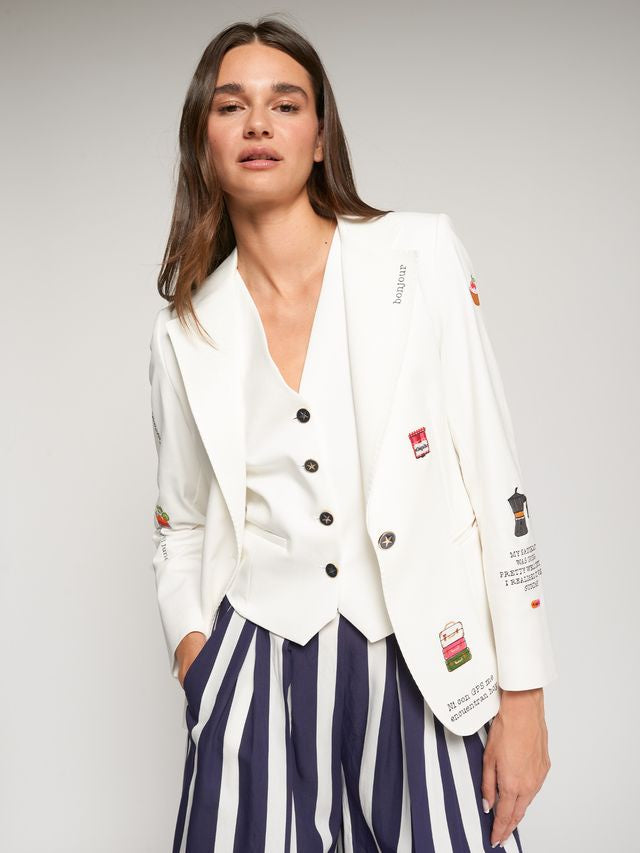 Helen White Embroidered Punto Roma Knit Blazer
