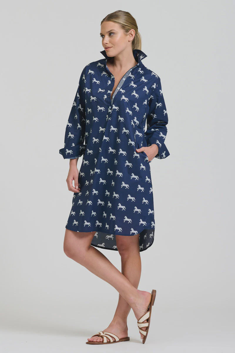 The Popover Shirtdress- Navy with Pony Prance