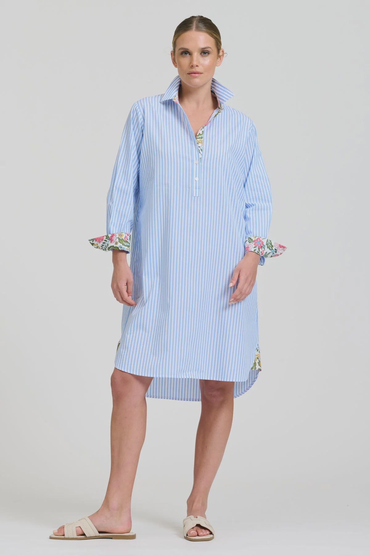 The Popover Shirtdress- Pale Blue Stripe / Floral Trim