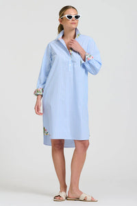 The Popover Shirtdress- Pale Blue Stripe / Floral Trim