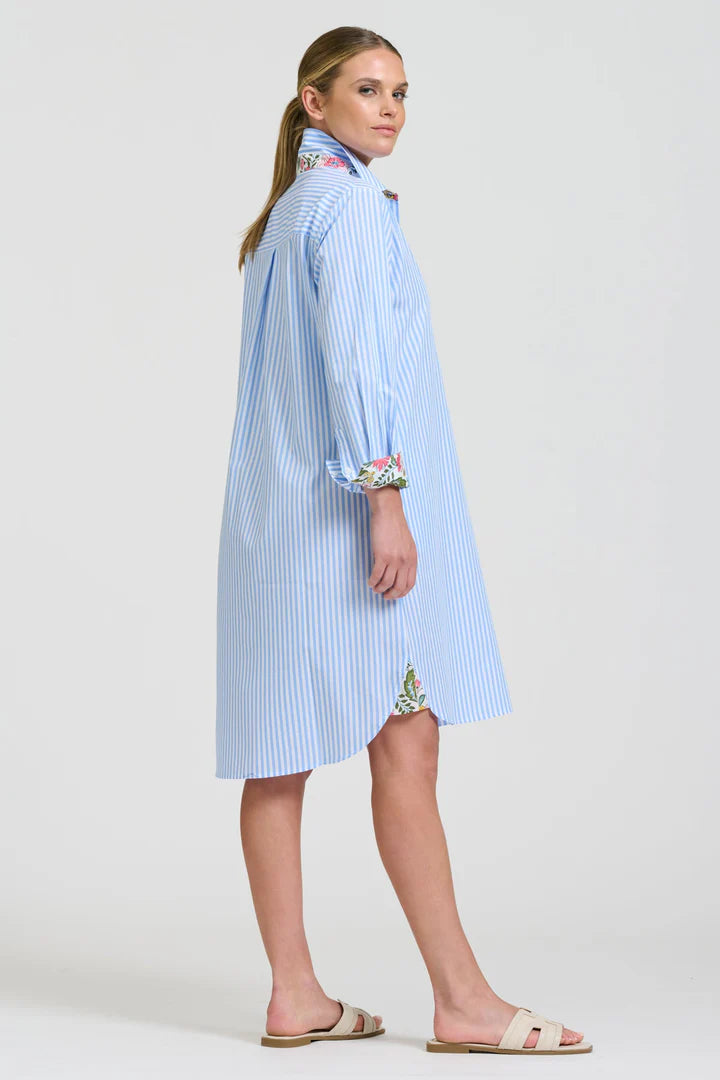 The Popover Shirtdress- Pale Blue Stripe / Floral Trim