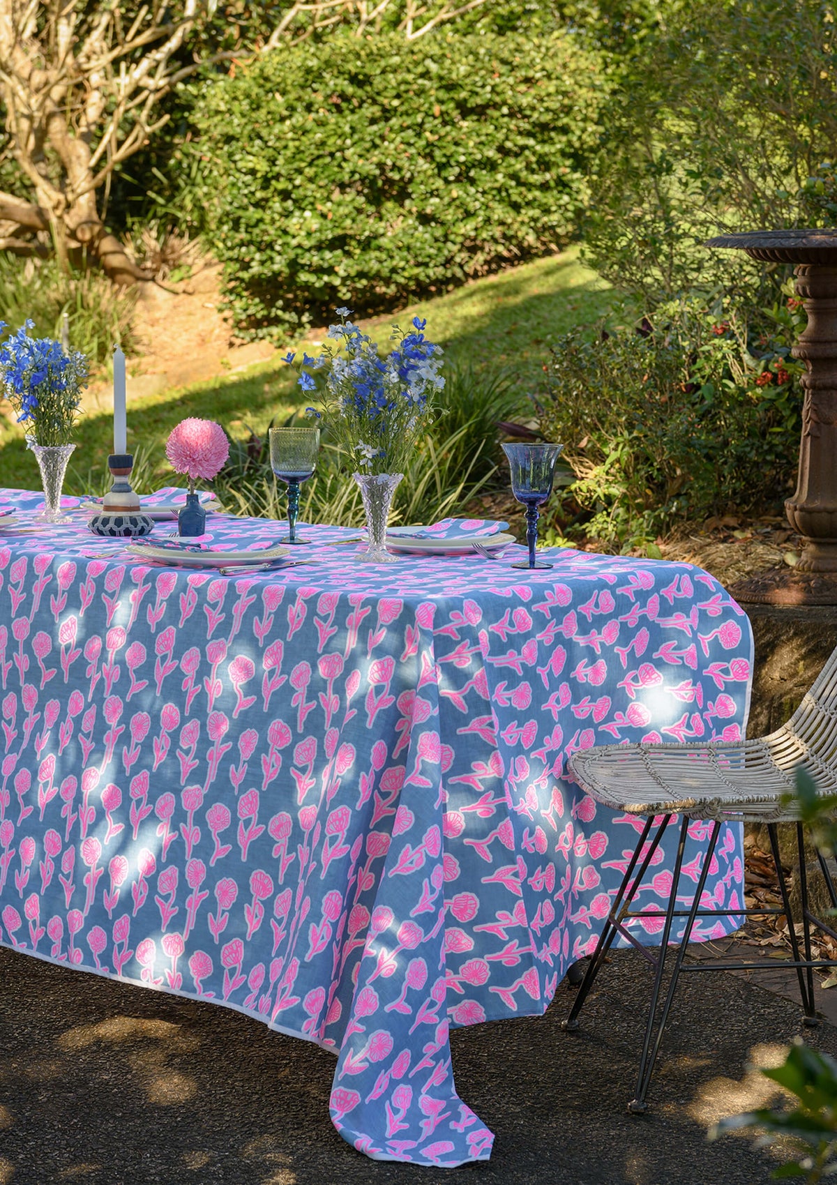 Highlighter Pink & Blue Poppies Tablecloth 350x145cm