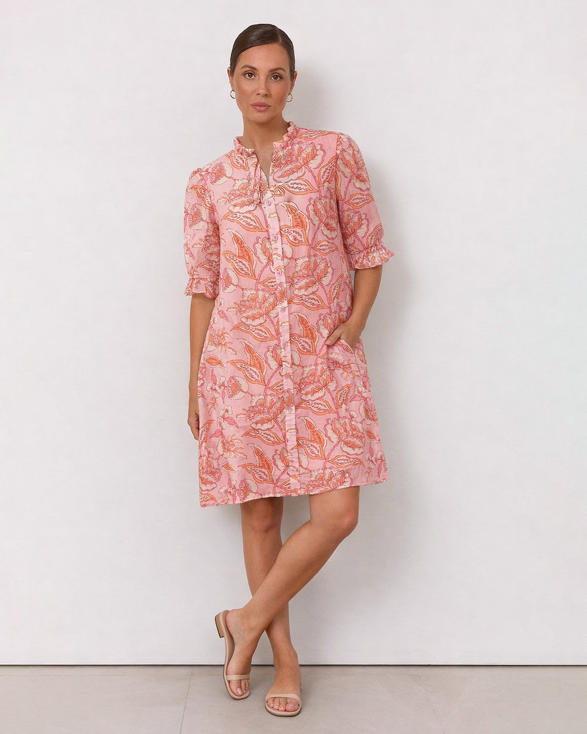 Print Button Dress- Blush Boho