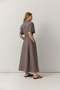 Poplin Stripe Scallop Trim Shirt Dress - Chocolate