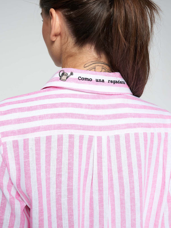 Sara Pink Stripe Linen Viscose Embroidered Shirt