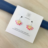 Fuchsia Gingham Small Moon Earrings