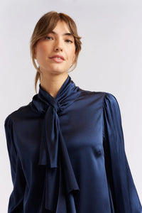 Pussy Bow Silk Shirt - Navy