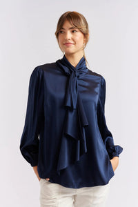 Pussy Bow Silk Shirt - Navy