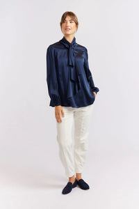 Pussy Bow Silk Shirt - Navy