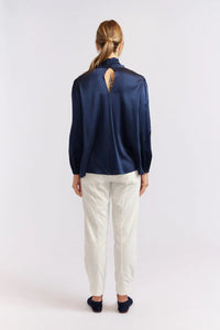 Pussy Bow Silk Shirt - Navy